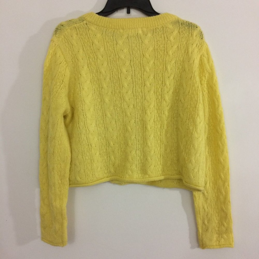 RE_L Womens Cropped Cardigan Sweater Cable Knit Wool Blend Button Up Yellow - Picture 4 of 6